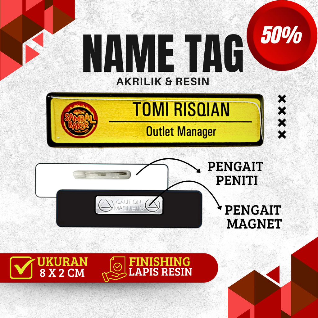 Name Tag Nama Dada Akrilik Magnet Peniti Gold Silver