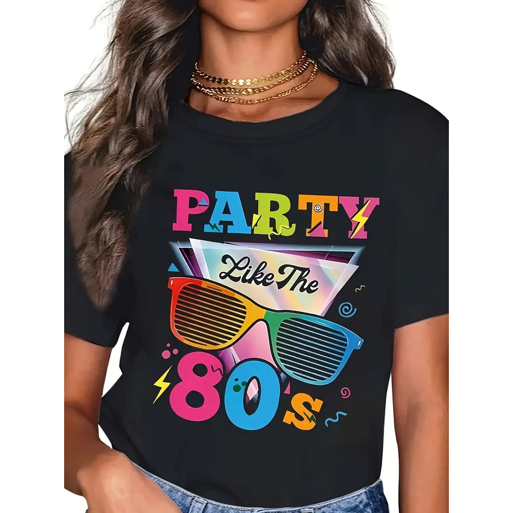 Kaos Grafis Retro Wanita 80-an - Pesta Seperti Tahun 80-an Cetakan Geometris Neon, Poliester Lembut,