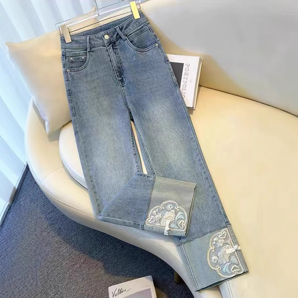 Fashion Gaya Cina Baru Retro Jeans untuk Wanita Pinggang Tinggi Slim Lurus Celana Rokok
