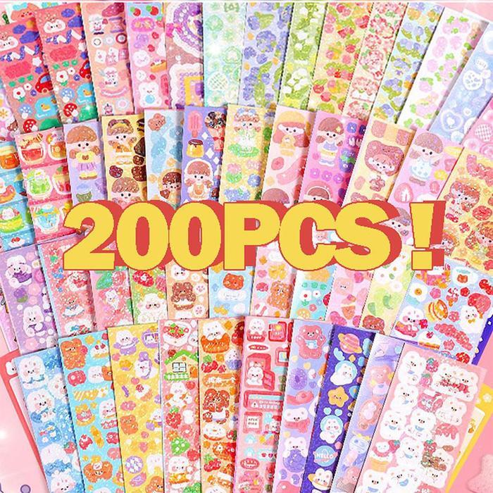 200 lembar/100 lembar Berbagai Kartun Shiny Stiker Set Mahasiswa Hias DIY Bahan Stiker Lucu - 200 le