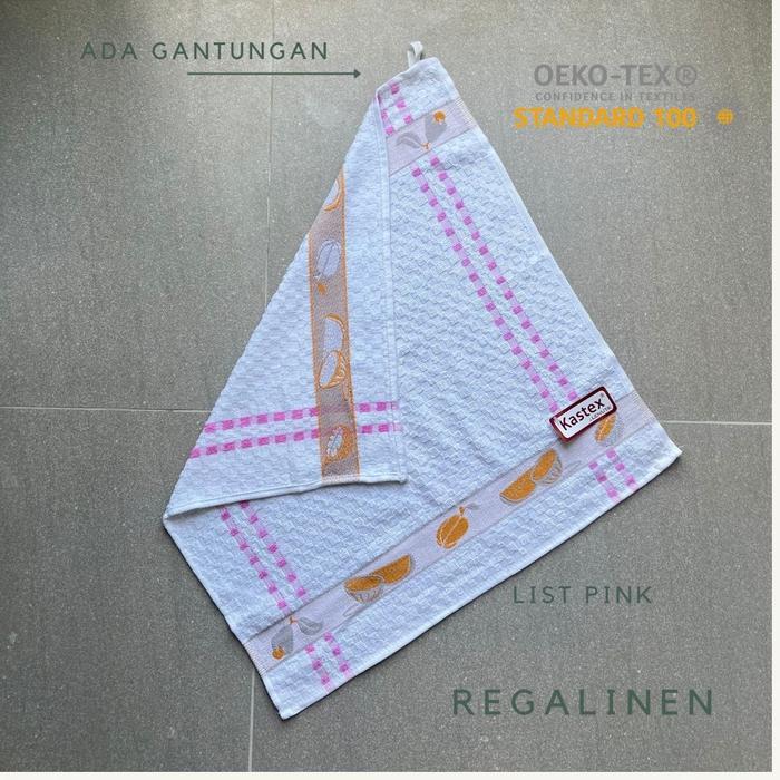 Serbet Lap Piring Kastex Wafel Handuk Tangan Gantung 50x50cm Cotton PUTIH 100% Katun - List Pink