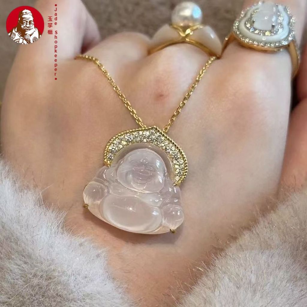 Liontin Buddha kalsedon es alami, kalung perak sterling Buddha Gong, kalung Buddha Maitreya teratas