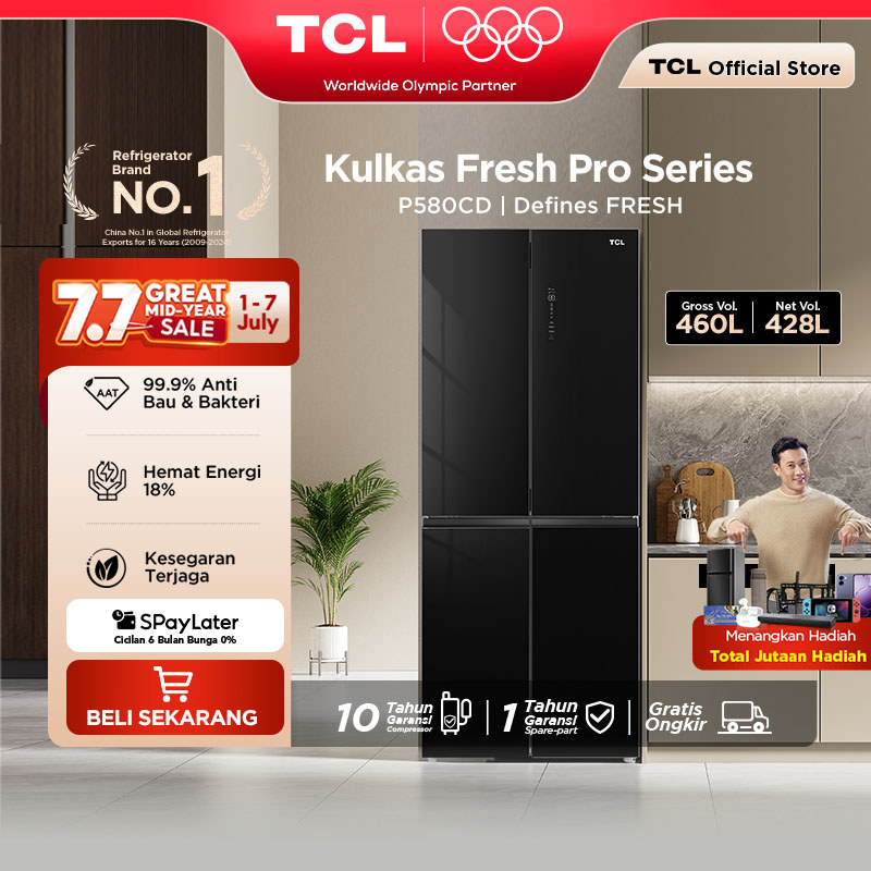 TCL Kulkas 4 Pintu - Kapasitas 460L - Bio Fresh - Wet and Dry Storage - Kulkas Ice Maker - Tanpa Bun