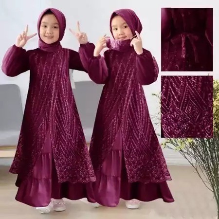 Gamis Anak Perempuan Olivia Kids Maxy BO Bahan Kain Saten Velvet Mix Tile Mutiara Size  S M L XL XXL