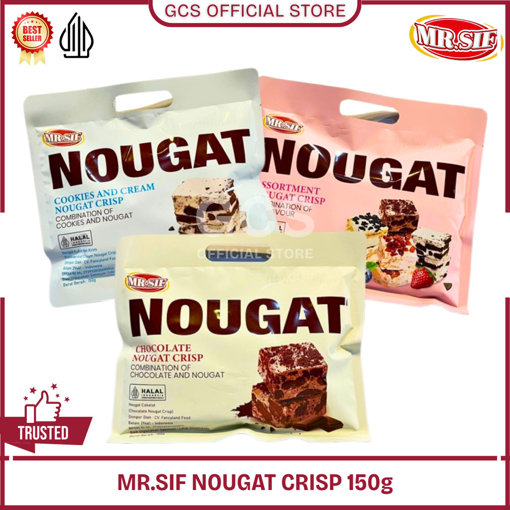 

MR.SIF NOUGAT Assortment Chocolate Cookies N Cream Strawberry Nougat Crisp Cemilan Snack Nougat Coklat 150g