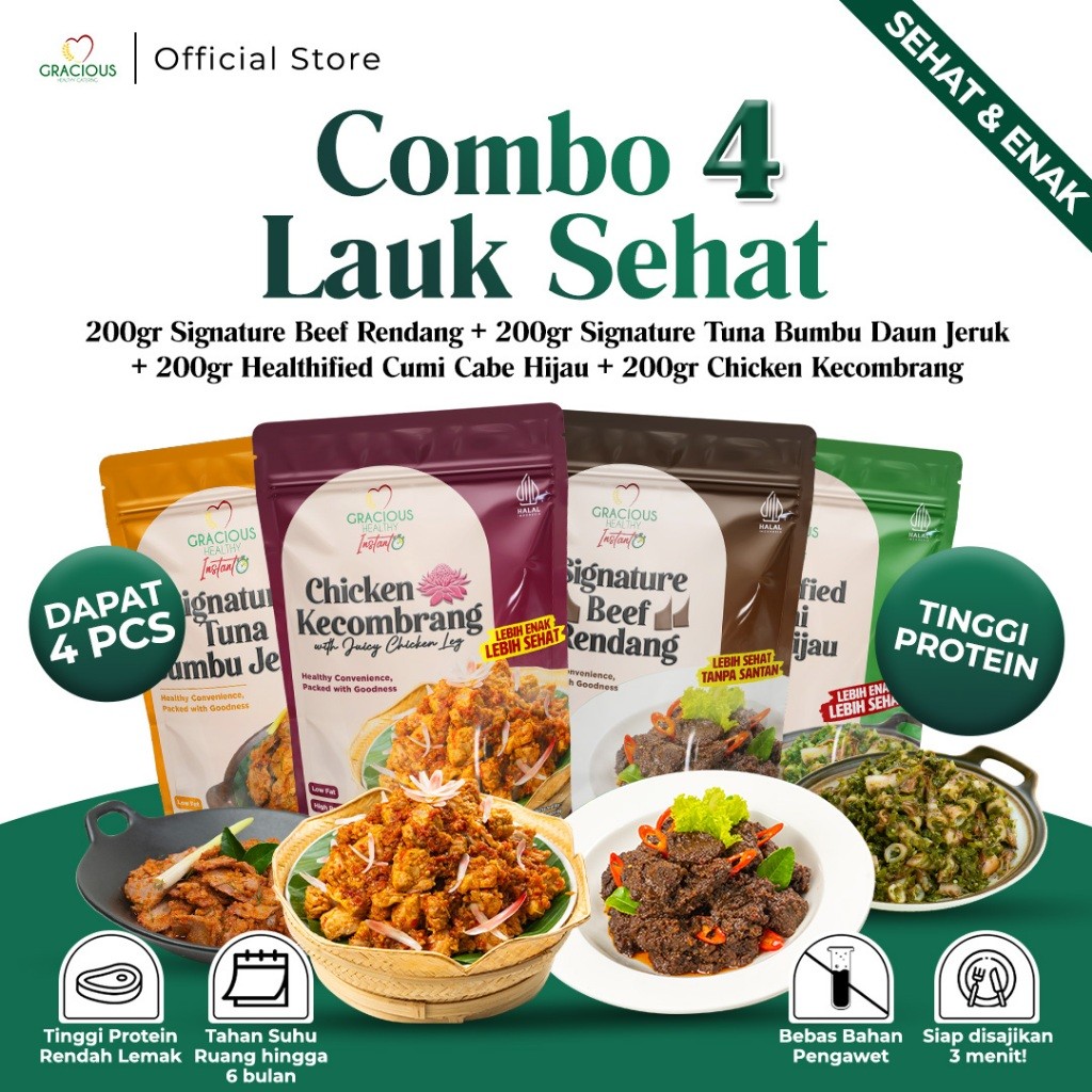 

Gracious Combo 4 Lauk Sehat | Beef Rendang + Tuna Daun Jeruk + Cumi Cabe Hijau + Chicken Kecombrang