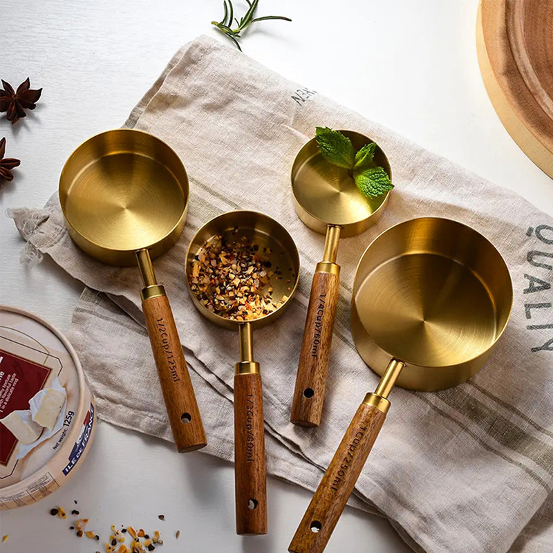 4PCS/8PCS Wooden Handle Measuring Cups And Measuring Spoons Stainless Steel Golden Measure Spoon And