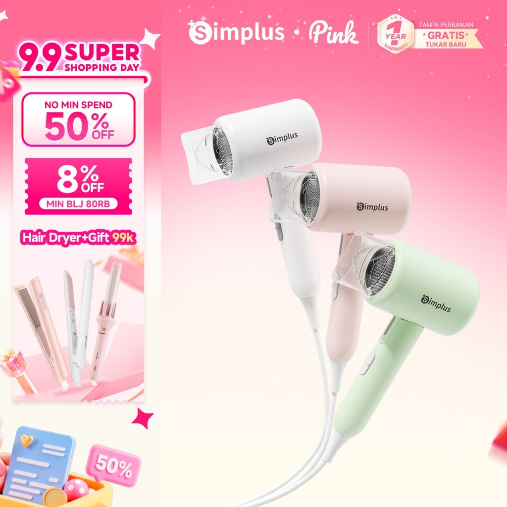 Simplus Pink Hair Dryer  Foldable Dapat & Ion Negatif & Strong Wind & Low Watt