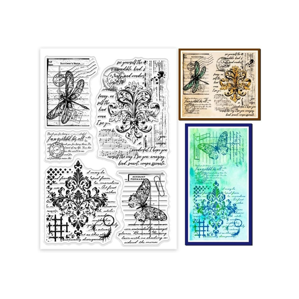 

1Sheet Retro Floral Background Clear Stamps Baroque Pattern Silicone Clear Stamp Seals Butterfly Dragonfly Transparent Stamps