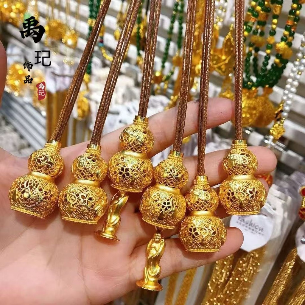 Kalung Liontin labu sutra berongga emas pasir kuno, labu Guanyin Maitreya Buddha Fulushou berlapis e