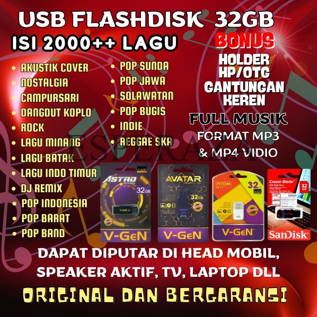 PromoFlash disk Lagu MP3 Dan MP4 32GB Isi 2000+ Lagu Pop Dangdut Rock Religi Nostalgia Mobil TV