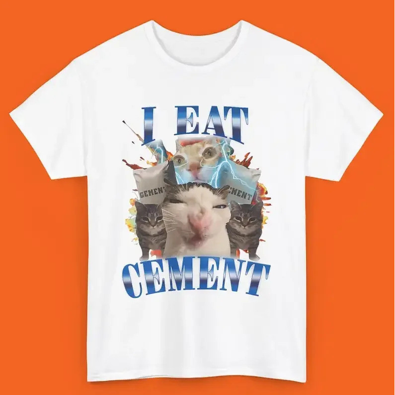 Baru I Eat Cement Cursed Cat Funny Cat Meme Tee Hadiah untuk Wanita Hadiah Bodoh Kaos Jelek Kaos Len