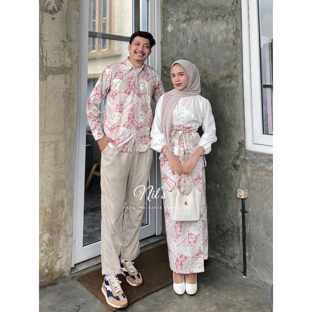 Set Couple Kemeja Batik Lengan Panjang Pria Dan Oneset Rok Lilit Obi Batik Bawahan Kebaya / Sarimbit