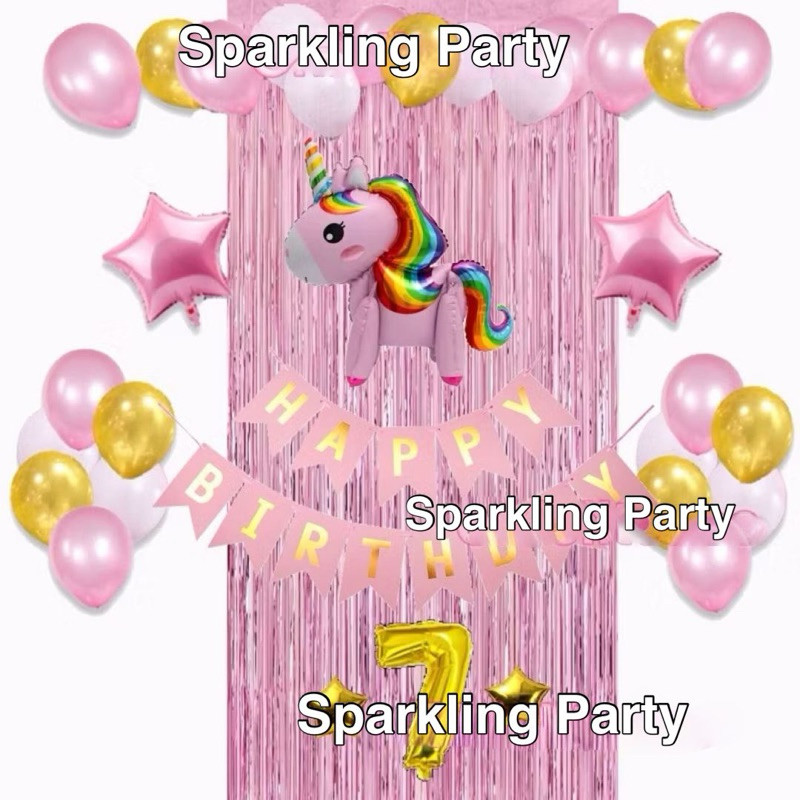 Paket dekorasi ulang tahun anak tirai tema unicorn pink