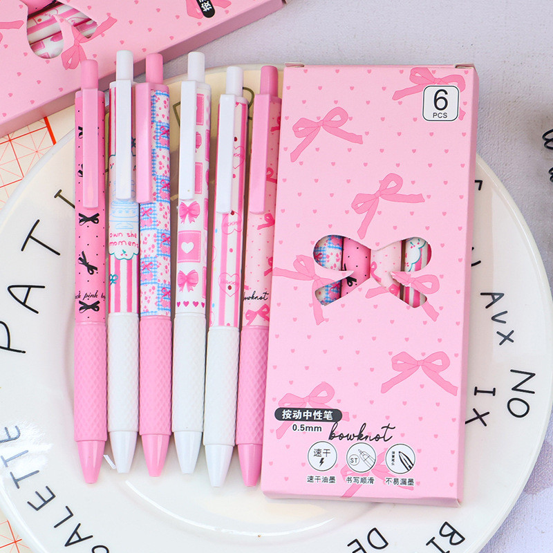 [ GROSIR ATK ] 1SET ISI 6 PCS PULPEN MEKANIK AESTHETIC / PINK STUFF STATIONERY / RIBBON PINK SET PEN