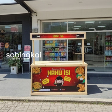 Booth Portable Lipat Kayu Pinus Premium – Meja Usaha Jualan Food & Minuman + FREE Desain Banner Cust