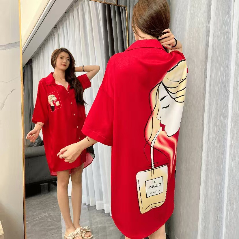 Gaun tidur rayon wanita longgar ukuran besar kerah gaya Korea motif merah/sleepwear dress wanita