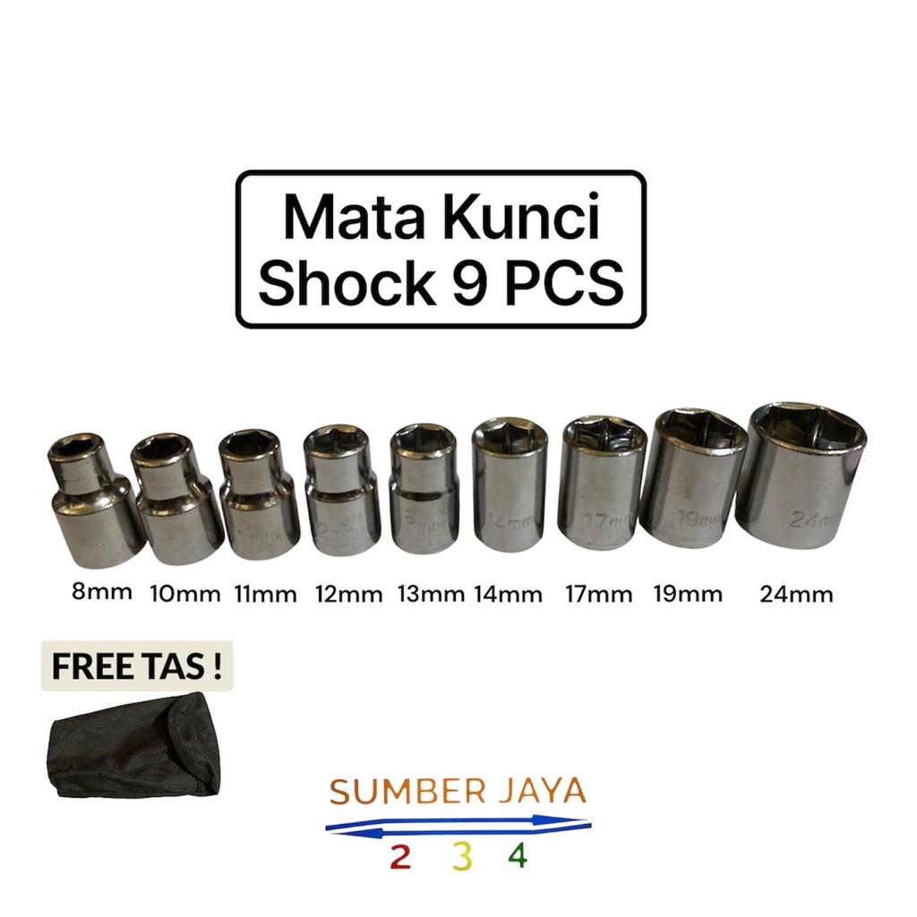 Mata Kunci Sock set 1/2" 9 PCS Socket Wrench Mata Kunci sok set Socket 8 - 24mm Shok sock lengkap pr