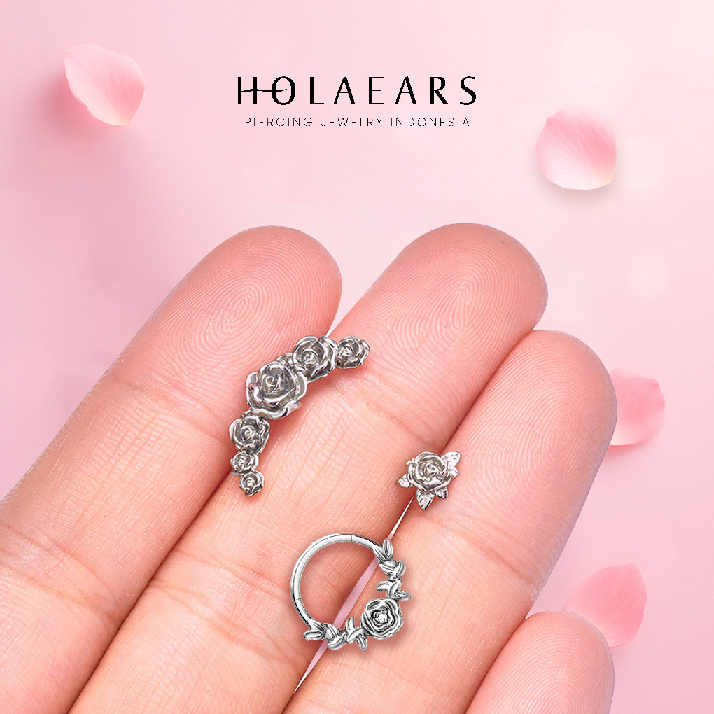 ROSE SERIES ANTING PIERCING HOOP FLATBACK F136L TITANIUM HYPOALLERGENIC TAHAN KARAT TINDIK BY HOLAEA