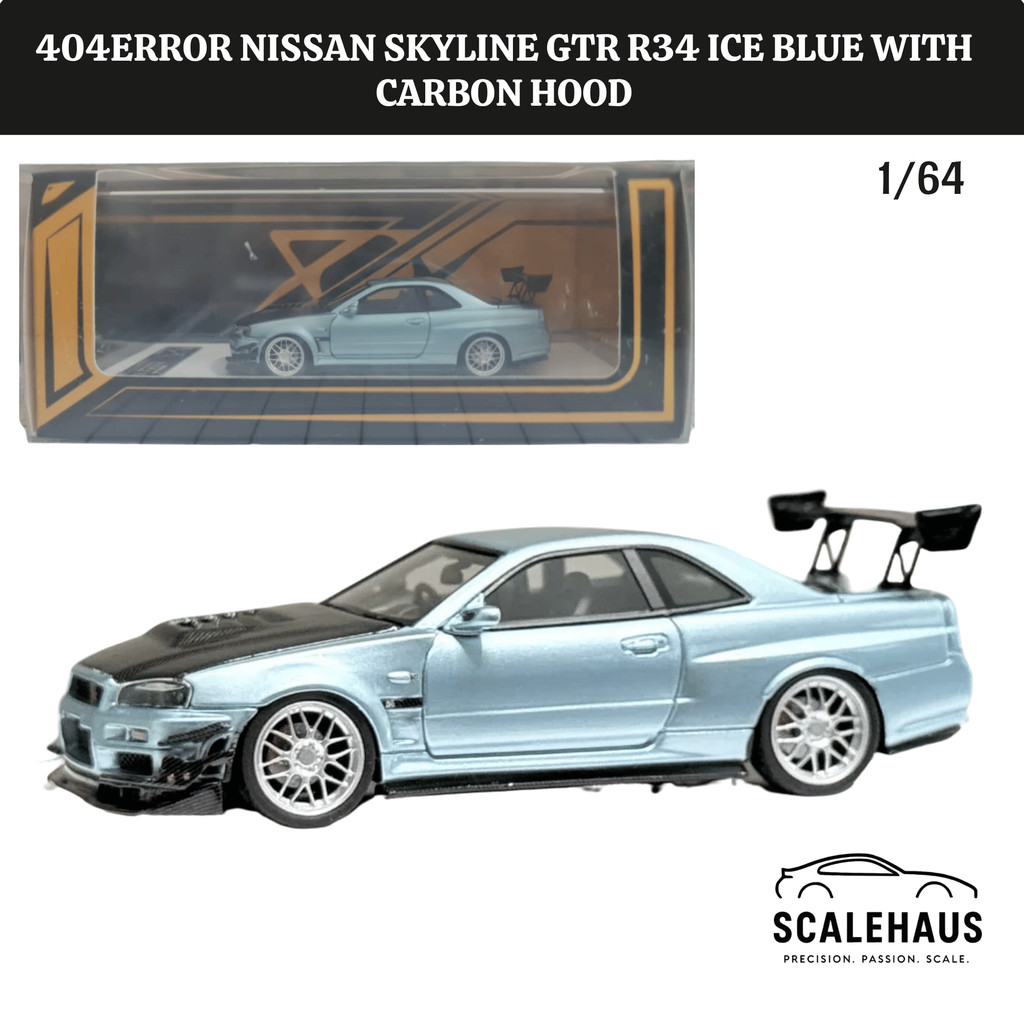 404Error Model 1/64 Nissan Skyline GT-R R34 Ice Blue Modified Carbon Hood