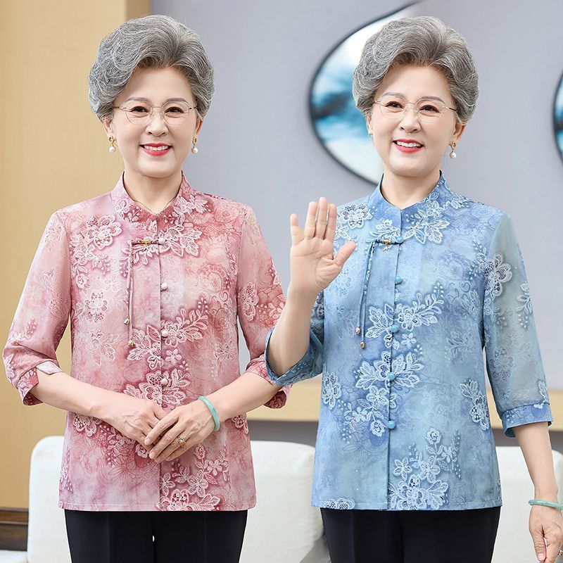 Setelan Baju Wanita Lansia Musim Panas Kemeja Motif Bunga Tipis Model Cina Tradisional Elegan untuk 