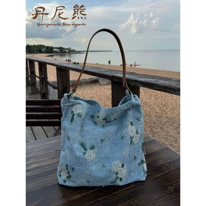 Tas tote bordir organza gaya Korea, tas denim wanita, tas denim berkapasitas besar.