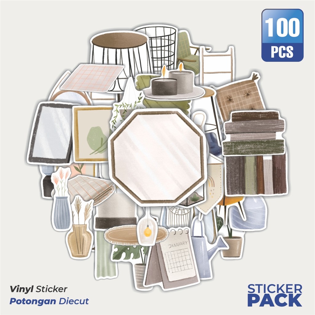 

Super Hemat! 100 PCS Stiker Aesthetic Cozy Home Interior [Interior Rumah] Waterproof Aesthetic- Untuk Laptop, Motor, dan Helm - Paper Stationery Pack