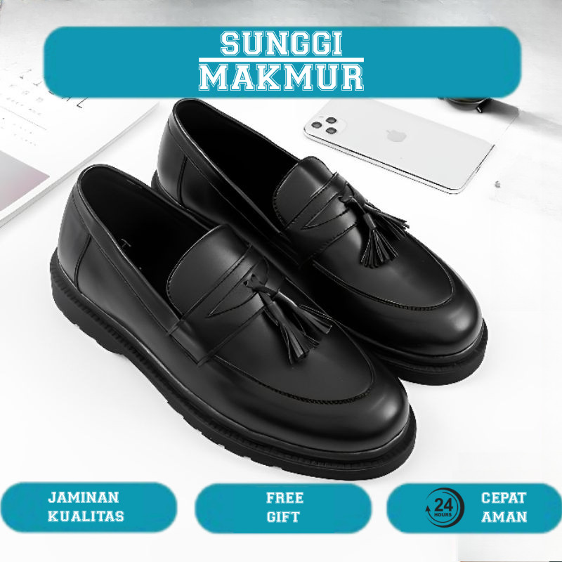 UNION PRABU Sepatu Formal Pantofel Pria Casual Loafers Hitam Tali Kerja Kantor Kuliah Fashion Origin