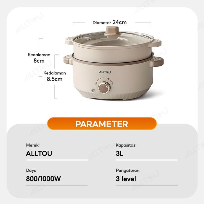 ALLTOU Panci Listrik 3L/5L Multifungsi Steamer Panci Listrik Serbaguna Anti Lengket Putih - Putih 3L
