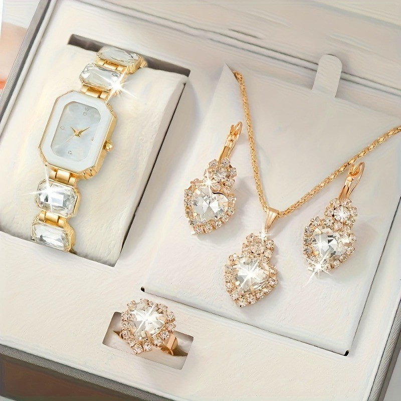 5pcs Elegan Wanita Fashion Perhiasan Set - Quartz Watch, Gelang, Kalung & Anting Dengan Sparkling Rh