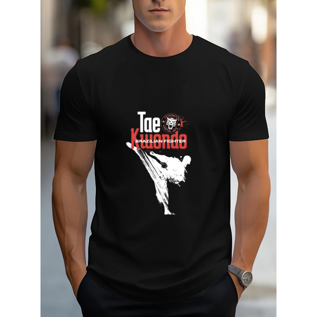 Hoodie Grafis Seni Bela Diri Pria - Sweatshirt Hitam dengan Teks 'tae kwondo' Merah, Kain Elastis un