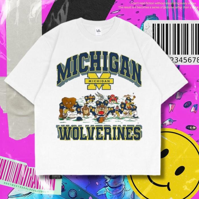 (COD) Michigan  Wolverines Oversized T-Shirt White Vintage Tee Atasan Unisex - M