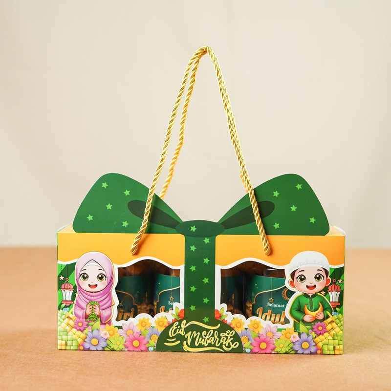 

Box Lebaran Elegant 3 Jar Toples Dus Bolu Gulung Idul Fitri Pita Hijau Gold