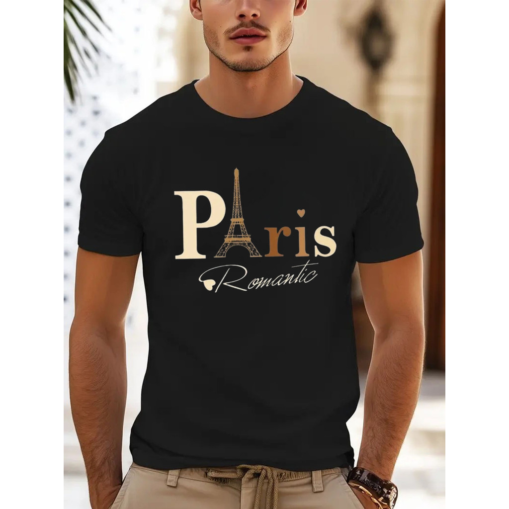 1pc Kaos Grafis Men'S Paris Romantic Eiffel Tower - Kaos Leher Bulat Santai Hitam Beige-Light dengan