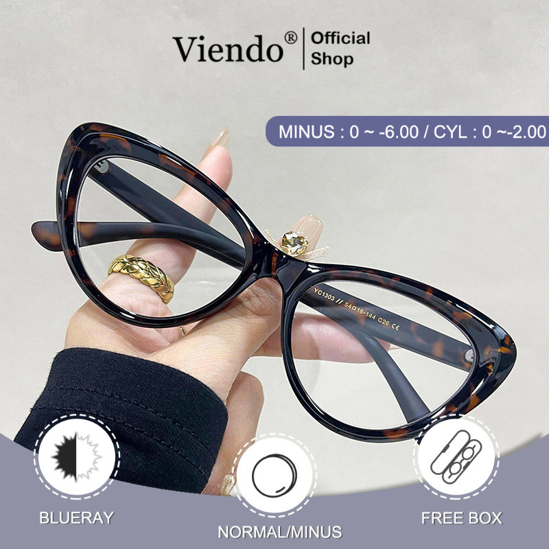 Viendo Kacamata MINUS BLUERAY Wanita Cat Eye Frame Anti Radiasi Cylinder Kaca Mata Optik YC1303