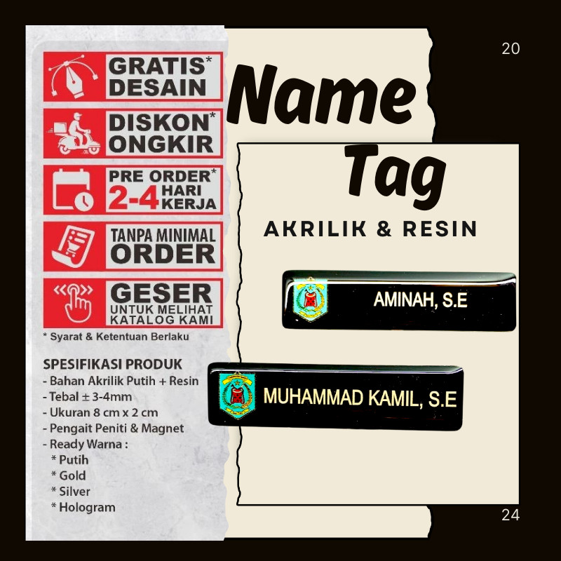 Name Tag Nama Dada Nama Dokter Akrilik Magnet Peniti Gold Silver