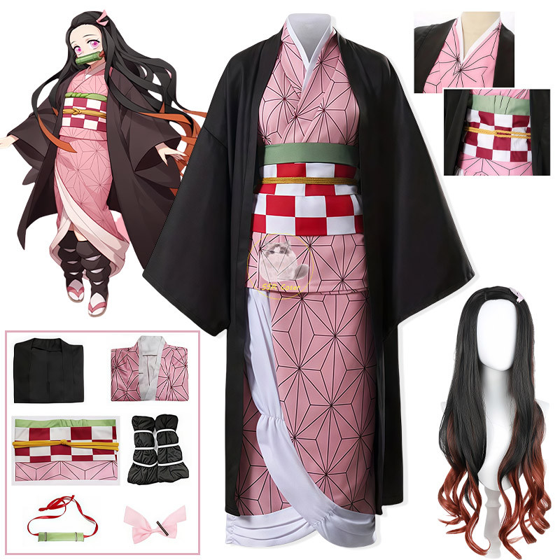 Bilibili Anime Kamado Nezuko Cosplay Costume Nezuko Cosplay Uniform Clothes Kimono Wig Prop Set Hall