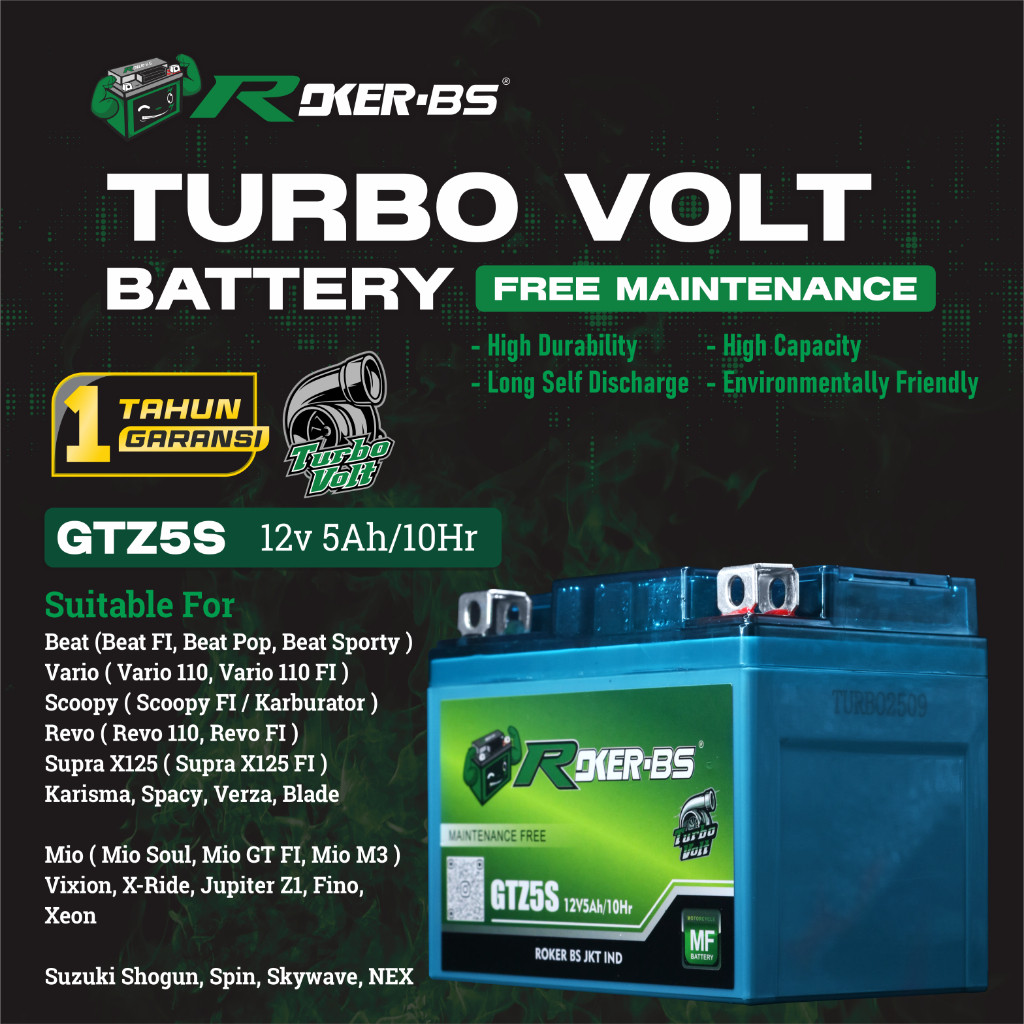 AKI BATERAI TURBO VOLT BATTERY 12v AKI MOTOR AKI KERING 5Ah/6Ah/7Ah/8Ah/9Ah/ 10HR ORIGINAL ROKER-BS