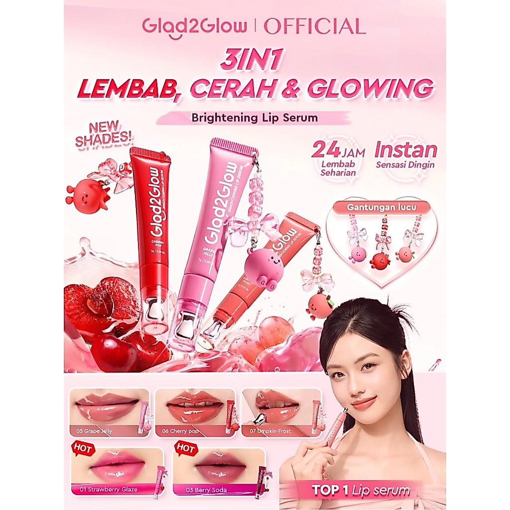 Glad2Glow BRIGHTENING LIP SERUM 7g  Mencerahkan Melembabkan dan menambahkan warna3in1  liptint lipst