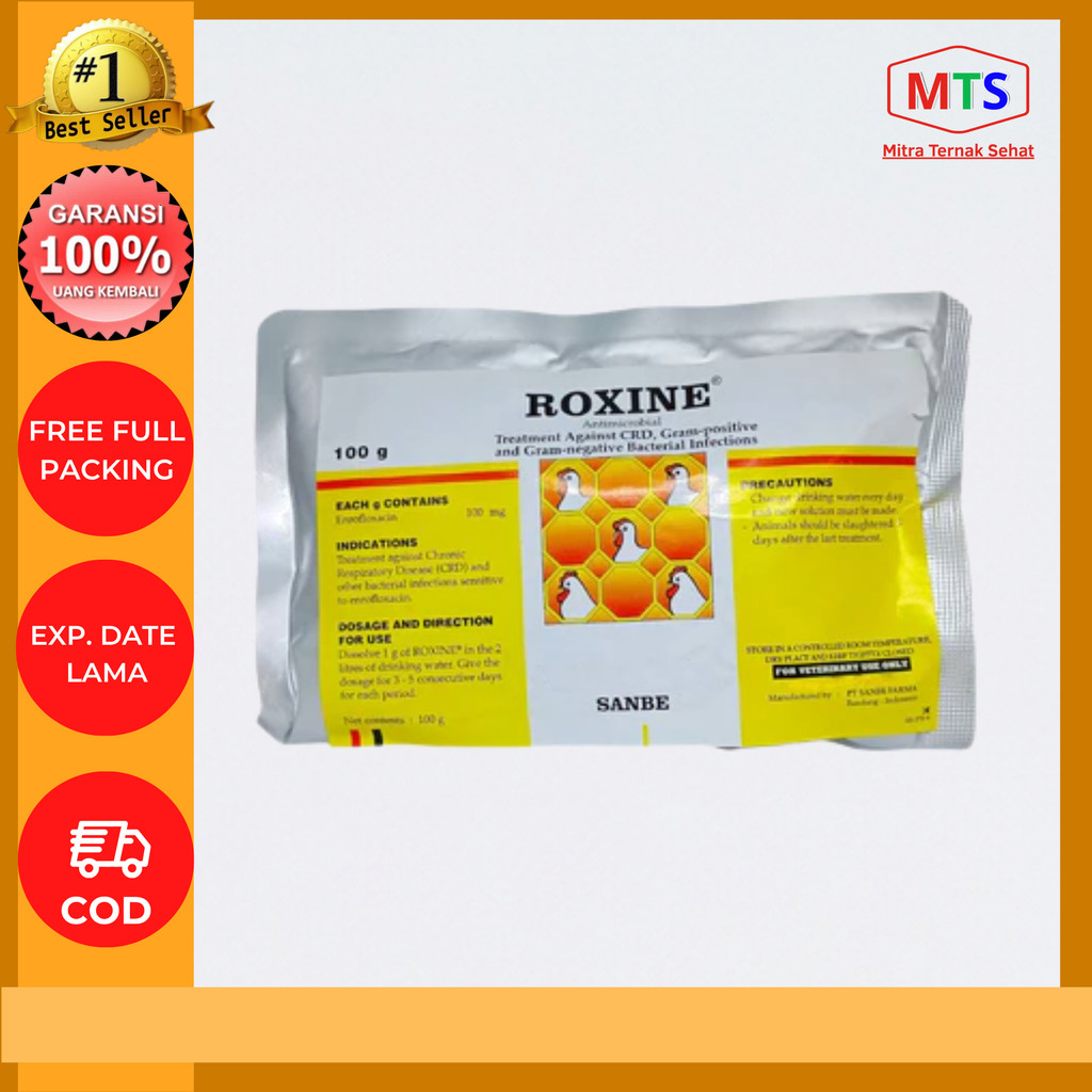 Roxine 100 gram Serbuk Antibiotik Ayam Broiler Layer CRD Collibasilosis dll PT Sanbe Farma