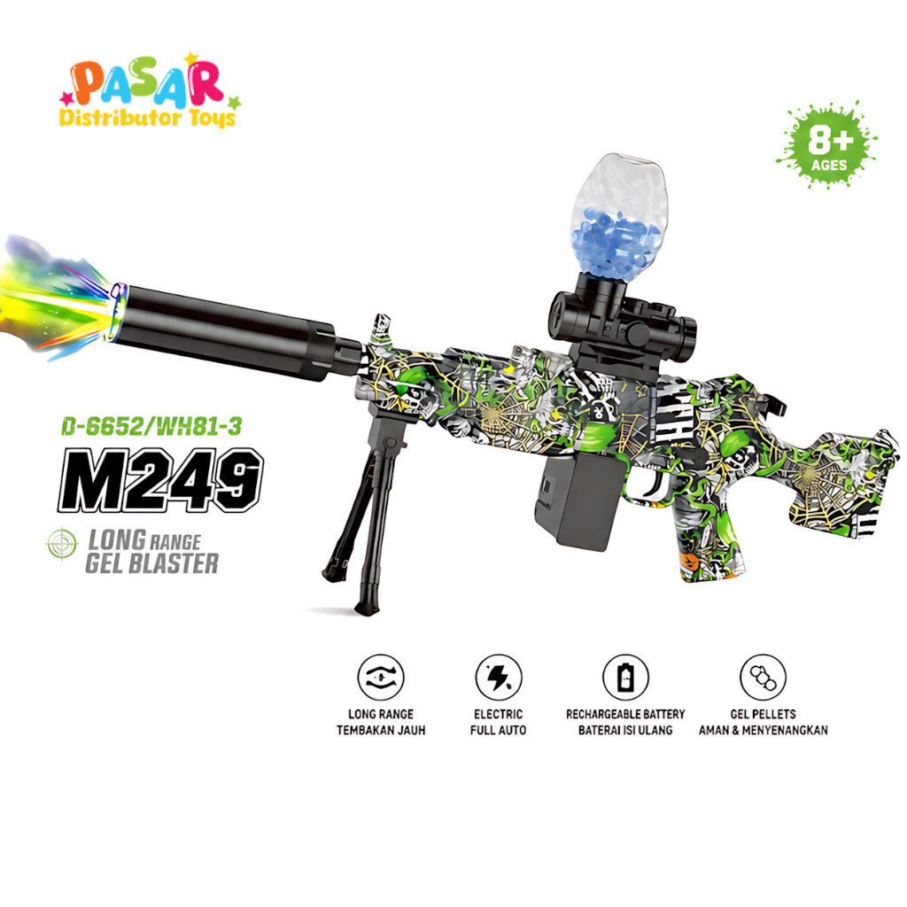 Mainan Anak D-6652/WH81-3 M249 FULLY/SEMI AUTOMATIC Mainan Tembakan Elektrik M249 Lampu & Aksesoris