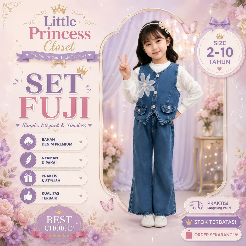 Setelan Jeans Anak Perempuan Cewek Usia 2-10 Tahun Set 2in1 Rompi Denim Dress Jeans Celana Kulot Cut