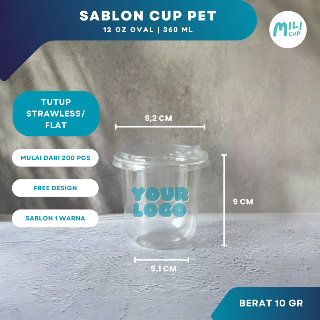 Sablon Gelas Cup Plastik PET 12 Oz Datar / Oval + Tutup Strawless / Flat
