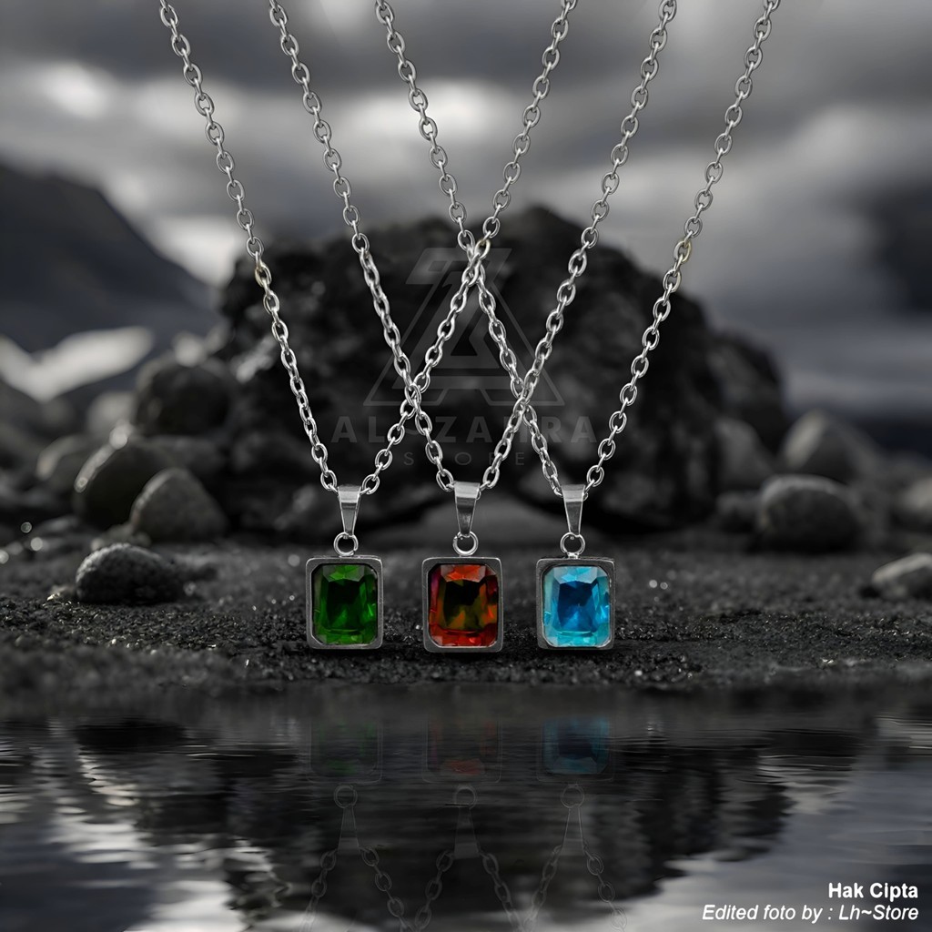 KALUNG STAINLESS STEEL SILVER TAHAN AIR & TAHAN KARAT LIONTIN BATU PERMATA ZAMRUD RUBY SAPPHIRE UNTU