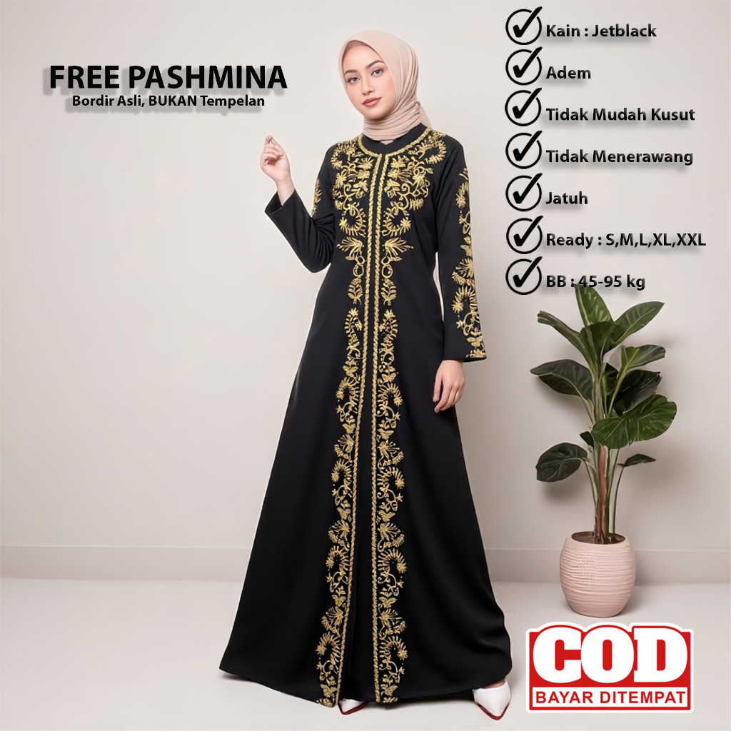 % Baju Gamis Abaya Turkey 213 Bordir Gold Abaya Hitam Dubai Turki Arab Size S M L XL Ld 100 105 110 