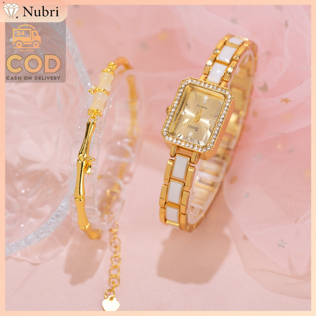 Nubri Set Warna Emas Jam Tangan Wanita Gelang Anggun Berkilauan Tali Jam Tangan Dua Bagian Original