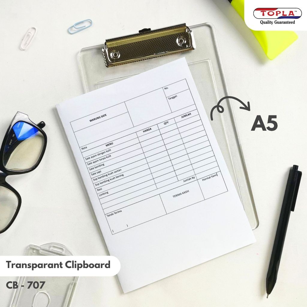 

Clipboard Transparan A5 Topla 707 – Papan Dada Klip Kertas Cafe Restoran Kantor Sekolah