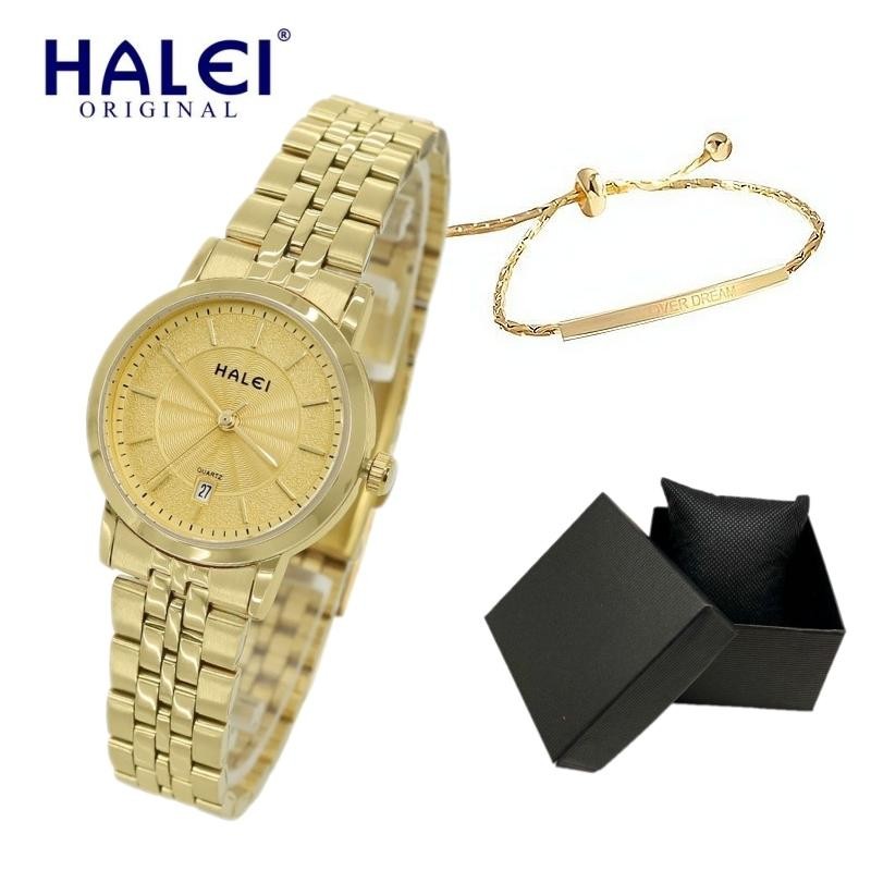 HALEI Jam tangan wanita bonus gelang titanium - Bergaransi Jam Tangan Wanita Original Rantai Stainle