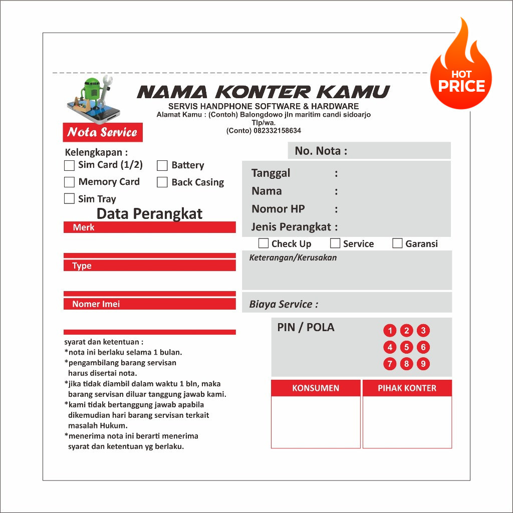 Nota servis hp Custom Nama konter sendiri ukuran 1/6 polio 10 x 11 cm buku nota servis hp cetak nota