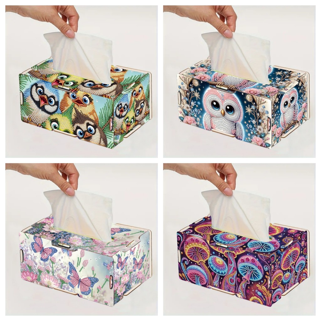 

1 DIY animal pattern round diamond painting set, painting and splicing 3D wooden tissue box